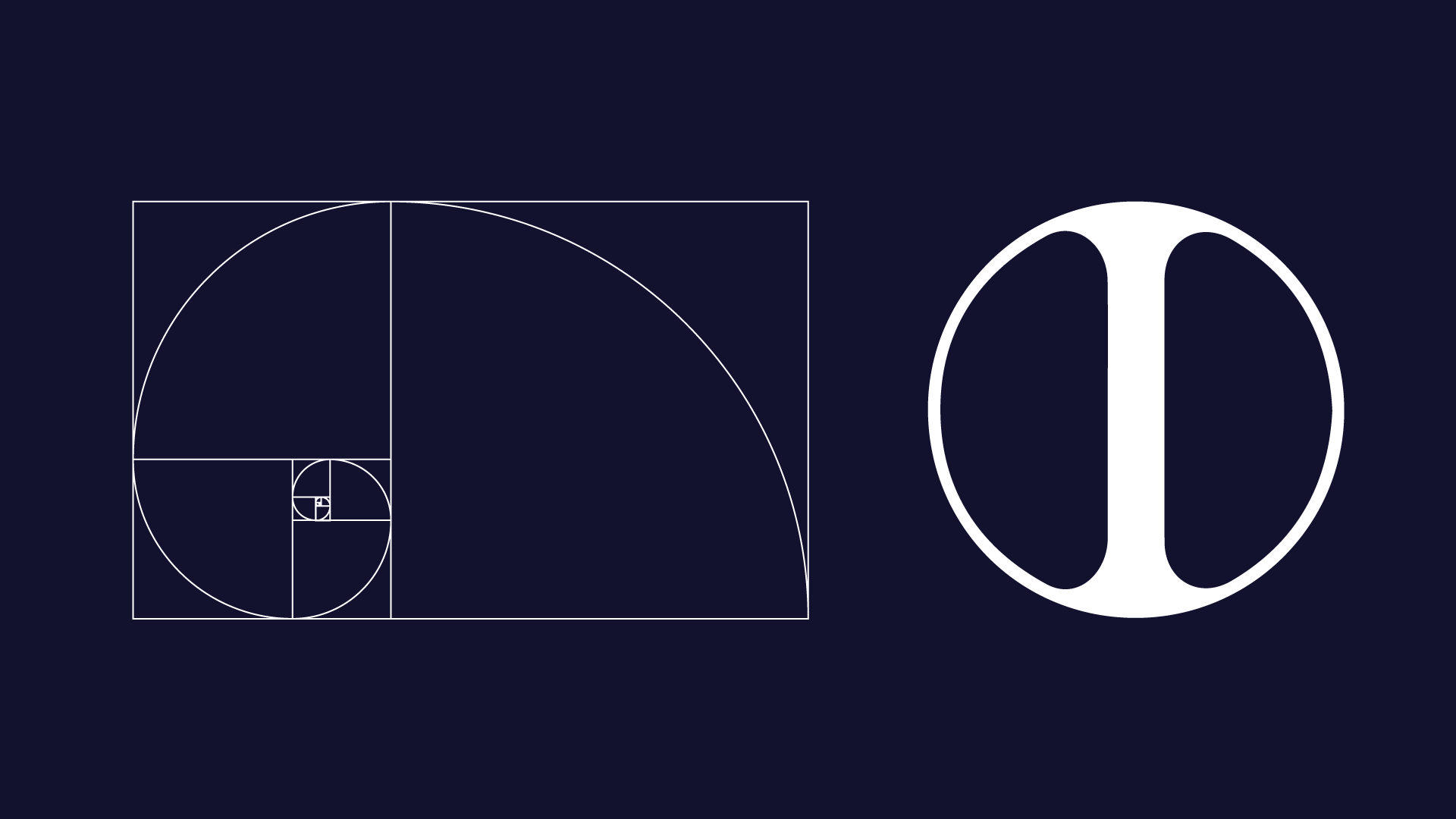 Logo del brand in bianco, affiancato da una rappresentazione geometrica a 'chiocciola' della sezione aurea